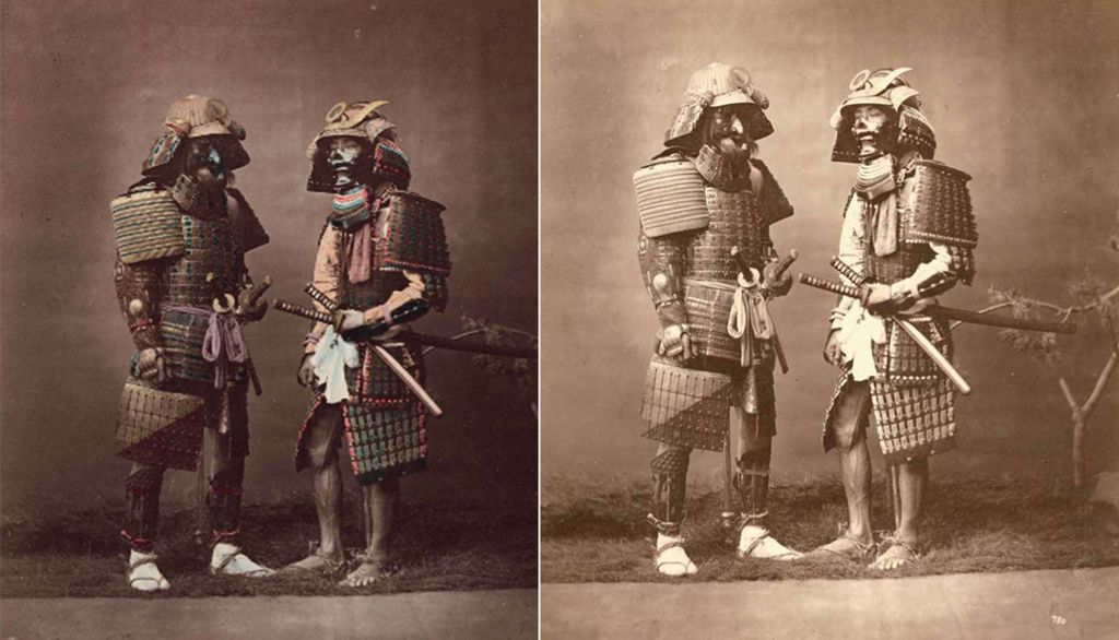 <p>Ces deux photos ont été prises dans les années 1870. Il s'agit vraisemblablement d'acteurs ayant accepté de se faire photographier dans un studio avec un costume «traditionnel» de samouraïs.</p>