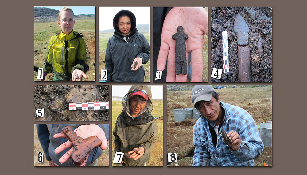 L’équipe de fouilles a découvert de nombreux artéfacts, notamment une poupée de bois (3), un couteau de pierre au manche de bois (4) et la tête d’un harpon dorsétien (7).
