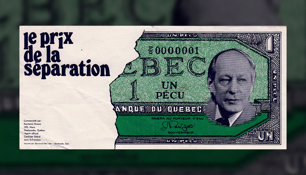 En prévision des élections générale de 1973, le Parti libéral du Québec publie «Le pécu à Lévesque: le prix de la séparation». Sur ce billet à l’effigie du chef du Parti québécois et portant la mention «Banque du Québec», le gouverneur porte le nom de Jacques Parizeau. Au-dessus de sa signature sont inscrits les mots: «paiera au porteur d’eau». En réponse à cette manœuvre, le PQ publie une pleine page de contrepublicité dont le message est: « Nous ne sommes pas de porteurs d’eau, M. BOURASSA. NOUS SOMMES DES QUÉBÉCOIS!»