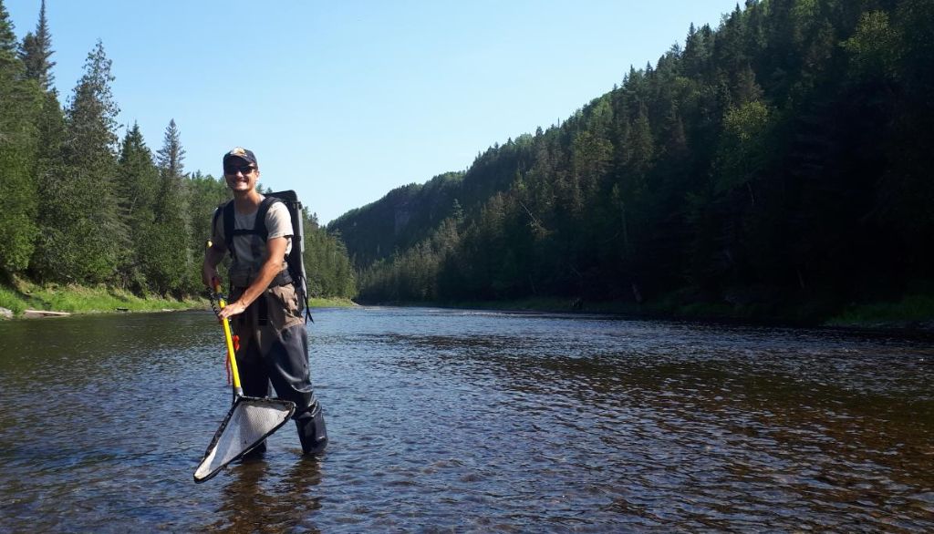 <p>Raphaël Bouchard, alors qu'il procédait à la collecte des alevins sur la rivière Rimouski en 2019.</p>
