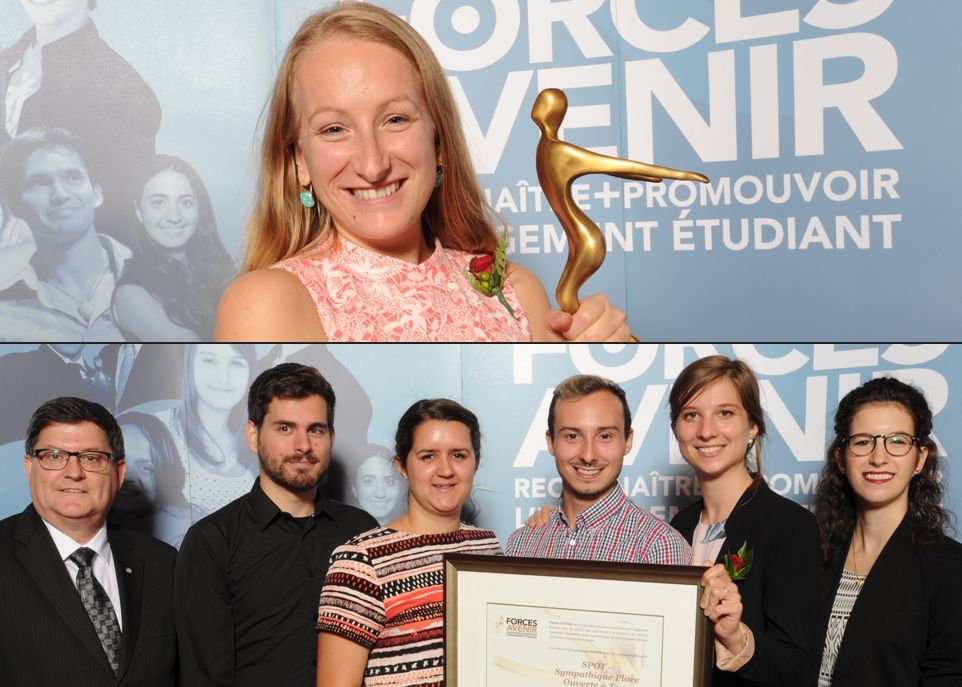 Les lauréats des deux prix AVENIR par excellence du Gala Forces AVENIR 2016: Florence Côté, heureuse gagnante du prix AVENIR Personnalité par excellence, et l'équipe de SPOT – Sympathique place ouverte à tous –, gagnante du prix AVENIR Projet par excellence, composée de Luc-Olivier Daigle, Caroline Boivin, Francis Lacelle, Élisa Gouin et Laurence Pagé St-Cyr. L'équipe est accompagnée de Mario Simard, membre du conseil d'administration de Desjardins, qui leur a remis le prix.