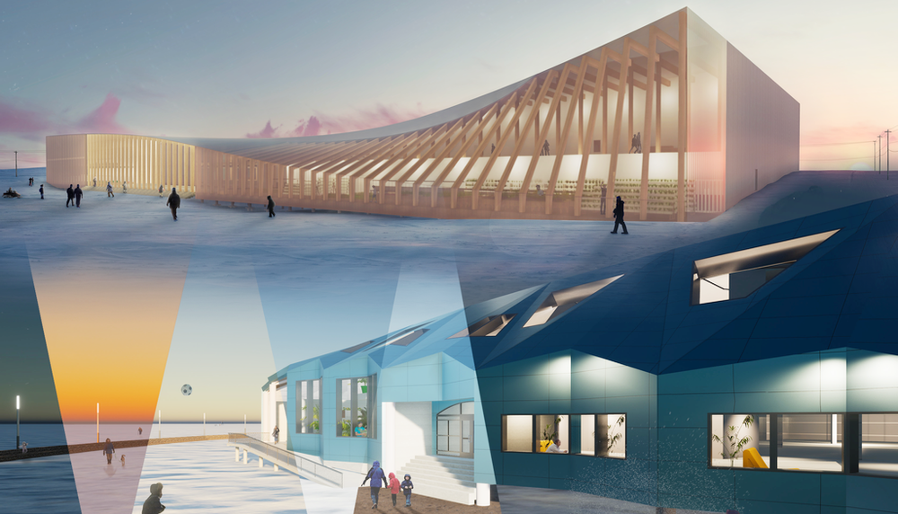 Vues extérieures du projet Nuuttuq (partie haute de l’image) et du projet Tupikhaq (partie basse de l’image). Les Inuits souhaitent se reconnaître dans le futur bâtiment, qu’ils veulent frugal du point de vue énergétique et robuste dans sa conception pour résister au climat extrême.