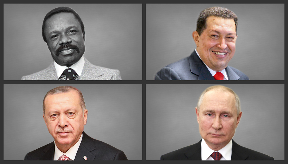 De gauche à droite: Omar Bongo, président du Gabon de 1967 à 2009; Hugo Chávez, président du Venezuela de 1999 à 2013; Recep Tayyip Erdoğan, président de la Turquie depuis 2014; Vladimir Poutine, président de la fédération de Russie depuis 2012.