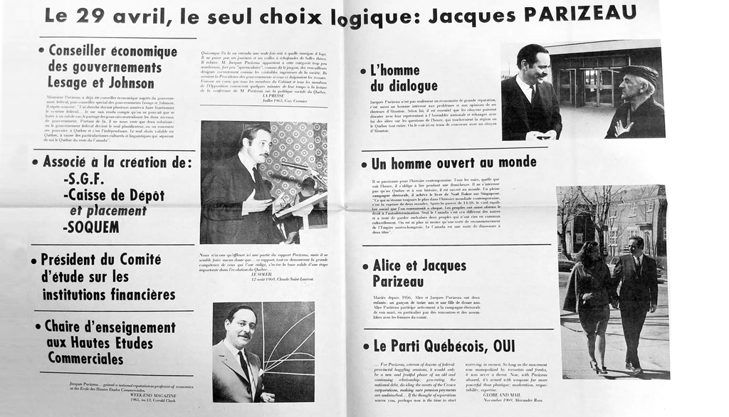 En vue des élections générales du 29 avril 1970: deux pages extraites du Lien, journal électoral du Parti québécois, édition spéciale Ahuntsic.