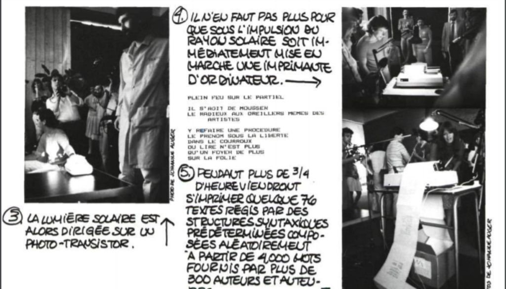<p>L'installation<i> G mon soleil sans complexe </i>a été créée en 1983 par Jean-Yves Fréchette. Les rayons du soleil actionnent une imprimante reliée à un ordinateur qui génère un poème à partir de vers composés par des fonctionnaires du complexe G. L'auteur avait indiqué que son œuvre était «un projet interdisciplinaire de communication».</p>