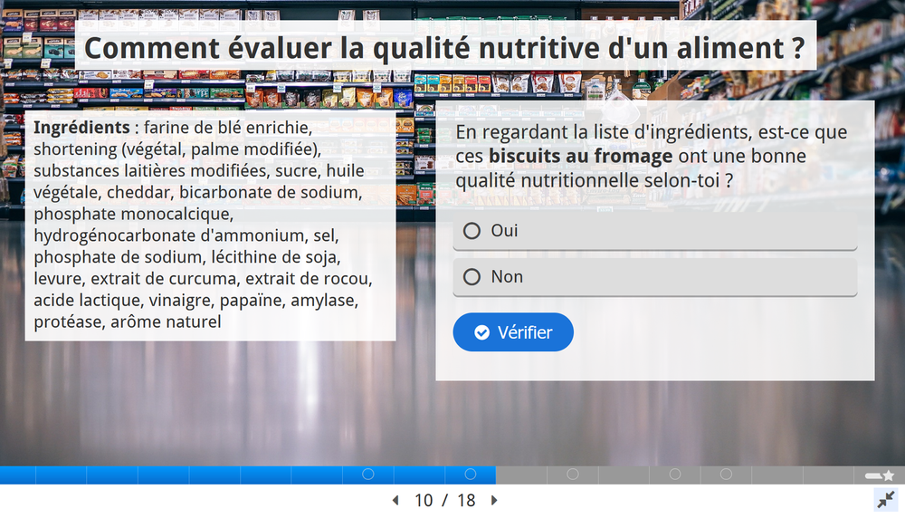 Capture d’écran du jeu vidéo Ali Santé – choisir ses aliments. Ce projet de formation grand public de Virginie Drolet-Labelle est axé sur le choix d’aliments sains en épicerie.
