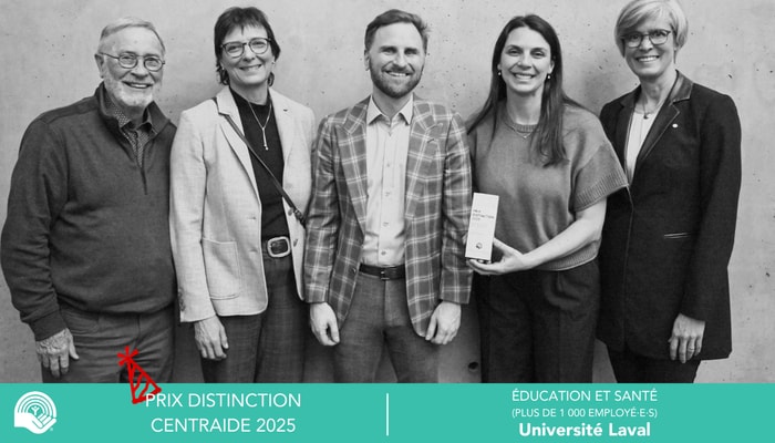 Lors de la remise du prix Distinction Centraide 2025 à l’Université Laval (de gauche à droite): Rénald Bergeron, co-porte-parole du comité Santé de Centraide Québec et Chaudière-Appalaches et professeur retraité de la Faculté de médecine, Chantal Malenfant, cheffe de cabinet au Rectorat, Gabriel Huot, agent de recherche et de planification au Vice-rectorat aux affaires internationales et au développement durable, Marilyne Girard, conseillère en communication à ULaval communications, et la rectrice Sophie D’Amours.
