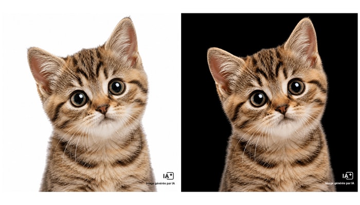 Deux images de chats générées à l'aide de l'intelligence artificielle portant, dans le coin inférieur droit, un symbole apposé à l'aide de l'outil de marquage conçu à l'Université Laval.