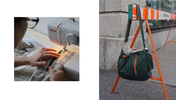 Créé par Éléonore Côté et Kelliane Paquet, ce sac à bandoulière est destiné à un usage quotidien. Il comprend des poches intérieures et extérieures, ainsi qu’une ganse permettant de le sécuriser au corps à l’aide d’une attache en G. Cette attache fait également office d’ouvre-bouteille. Le sac est confectionné avec un tissu extérieur imperméable et un tissu intérieur de seconde main (drap recyclé). Il est offert en deux teintes différentes.