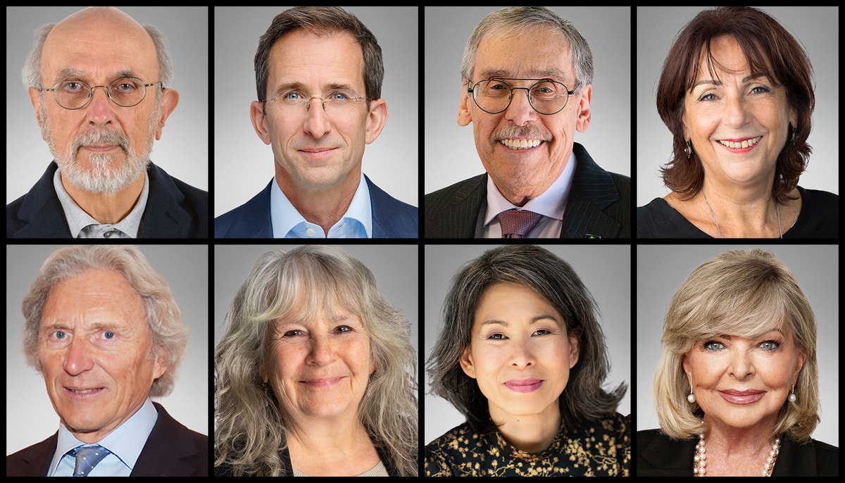 Les huit personnalités qui se verront remettre un doctorat honoris causa (de gauche à droite, en haut): Vincent Berdoulay, Charles Brindamour, Albert Falardeau, France Labelle, (en bas) Michel Lazdunski, Lyne Mongeau, Kim Thùy et Lise Watier.