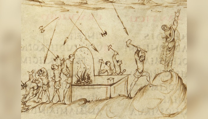Représentation de forgerons dans le psautier d'Utrecht (820-830 de notre ère). Un psautier est un livre liturgique ou de dévotion regroupant les psaumes bibliques.
