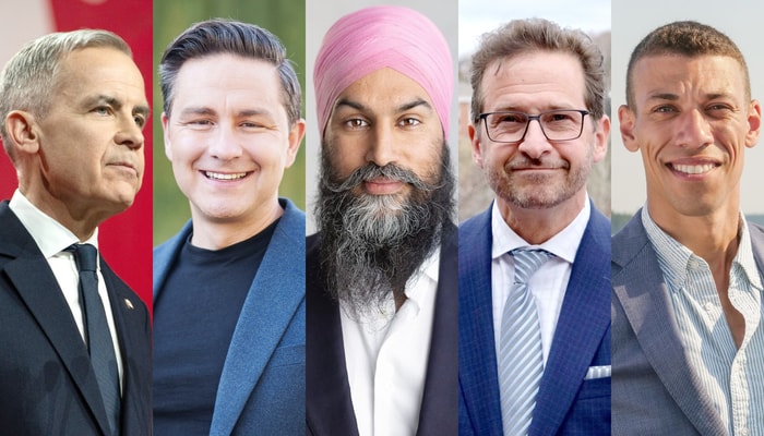Les politiciens qui s'affronteront lors des deux débats des chefs 2025: Mark Carney, du Parti libéral, Pierre Poilievre, du Parti conservateur, Jagmeet Singh, du Nouveau Parti démocratique, Yves-François Blanchet, du Bloc québécois et Jonathan Pedneault, du Parti vert.
