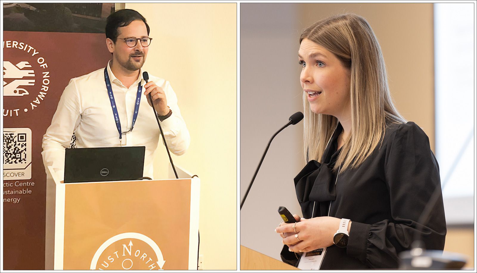 Camille Martini, photographié à l'occasion d'une présentation en décembre 2023 à la COP28 de Dubaï sur les changements climatiques, et Janie Lépine, lors d'une présentation dans le cadre de la 12e Journée de la recherche de la Faculté des sciences de l'éducation en mars 2024.