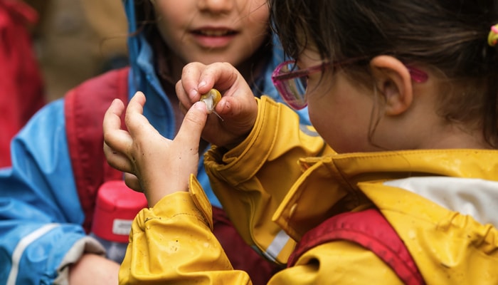 Lors d'une sortie en nature, deux fillettes d'un CPE de la région de Québec examinent un escargot en train de se cacher à l'intérieur de sa coquille.