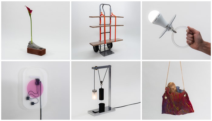 Quelques-uns des objets vendus à l'encan du 20 mars au Musée de la civilisation. En haut, de gauche à droite: J'aime une fleur – la crise matérielle, une oeuvre poétique composée d'une fleur et d'une brique, de Donovan Dubé, Antoine Landry et Samuel Veillette; 1er juillet – la crise du logement, meuble mobile, de Rose Boucher-Edmond, Hubert Homocea-Légaré, David Lessard et Simone Leblanc; Lampe ouin-ouin – la crise d'enfance, lampe rechargeable, portative, accrochable et inclinable, de Thomas Bolduc et Baptiste Lussier. En bas, de gauche à droite: Chantal – la crise sonore, enceinte murale composée d'une plaque de verre activée par des onduleurs, de Raphaëlle Brouw et Xavier Caron; Novembre, lampe inspirée du sablier qui traduit la nécessité de la pause, de la remise en question et du repos en temps de crise, de Félix Chabot et Christophe Laplante; Patat-à-porter – la crise du plastique, une patate sortie de terre se transforme d'abord en amidon, puis en bioplastique, de Noémie Lemay, Robin Dubord et Ines El Mergaou.