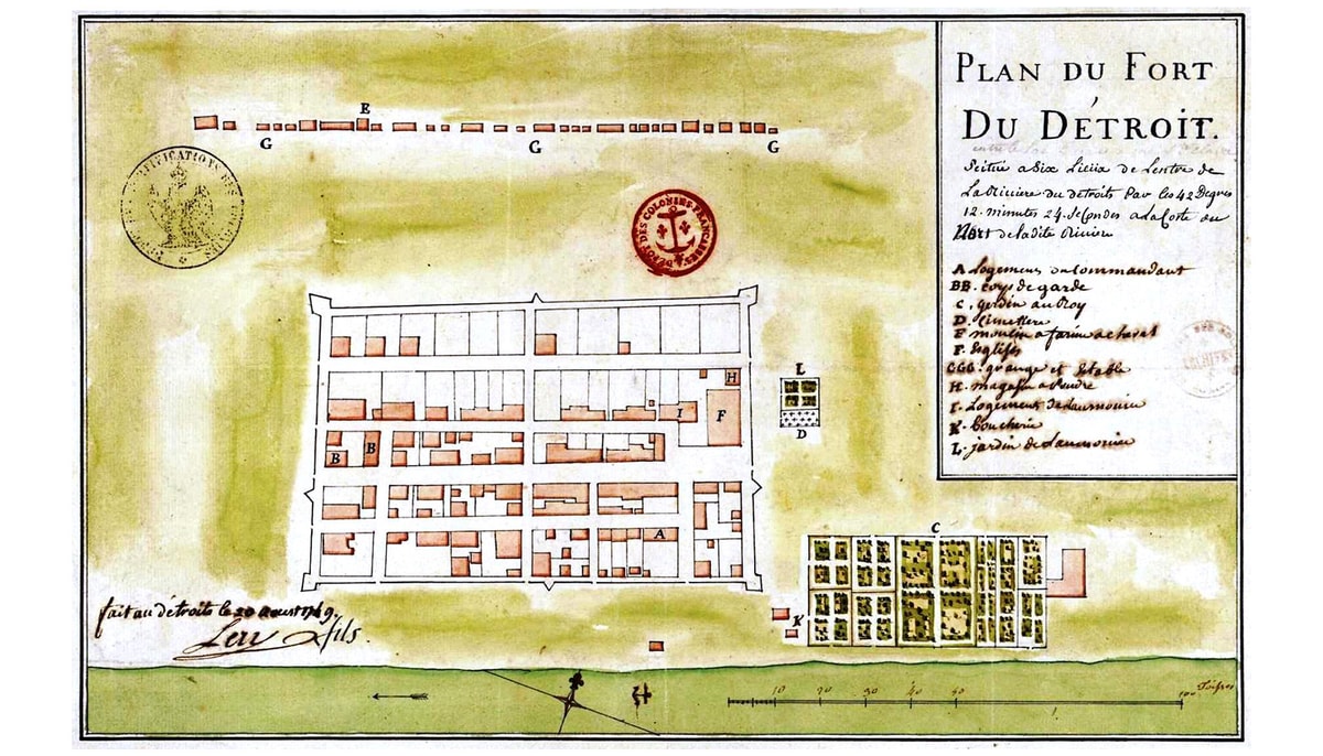 Plan de 1749 du fort de Détroit dessiné par Gaspard-Joseph Chaussegros de Léry (1682-1756), ingénieur en chef de la Nouvelle-France