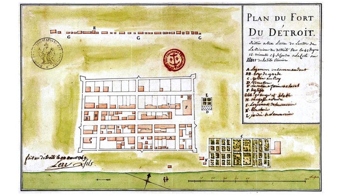Plan de 1749 du fort de Détroit dessiné par Gaspard-Joseph Chaussegros de Léry (1682-1756), ingénieur en chef de la Nouvelle-France
