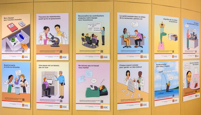 Les affiches, dévoilées lors des Journées de la recherche de la FMED en mai, montrent notamment l’importance d’avoir un équilibre entre le travail, la vie de famille et les études, et l’importance de prendre des pauses.