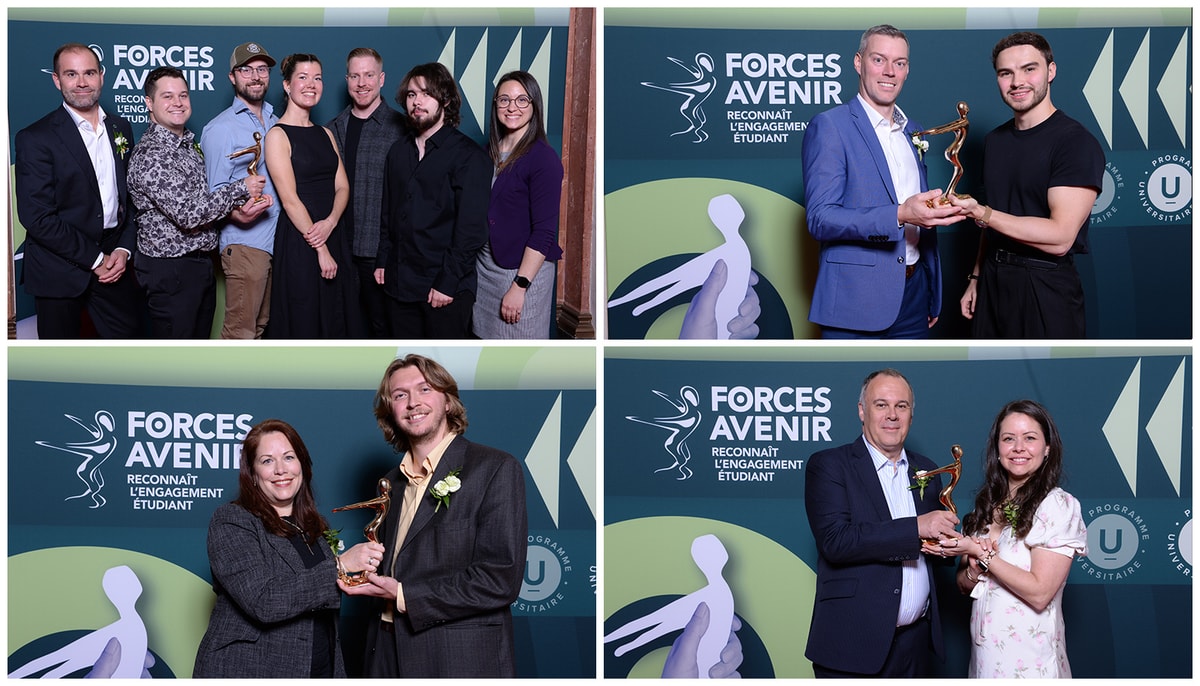 Les personnalités et projets de l'Université Laval récompensés lors du Gala Forces AVENIR 2026: l'équipe du projet Mycosphaera, Vincent Lavoie-Rancourt, Cédric Glode et Kim Samson.
