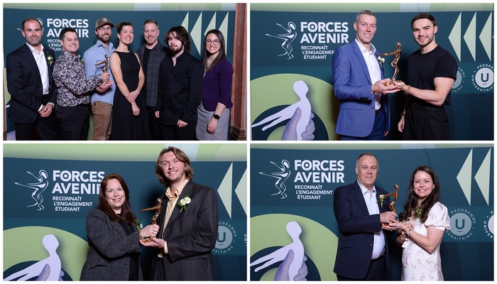 Les personnalités et projets de l'Université Laval récompensés lors du Gala Forces AVENIR 2026: l'équipe du projet Mycosphaera, Vincent Lavoie-Rancourt, Cédric Glode et Kim Samson.