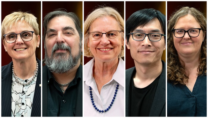 Les cinq membres de la communauté de l'Université Laval élus à la Société royale du Canada (de gauche à droite): France Légaré, Martin Pâquet, Leslie Ann Rusch, Wei Shi et Pascale Tremblay