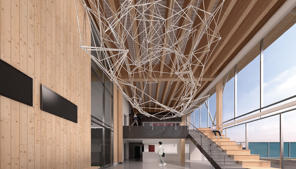 Cette sculpture suspendue sera constituée de tiges d'aluminium reliées à 140 sphères du même métal. Les longueurs des tiges seront toutes différentes. La constellation peut suggérer les trajectoires, au tennis, des échanges, des coups, des revers, des services, des volées, des smashs ou des lobs.