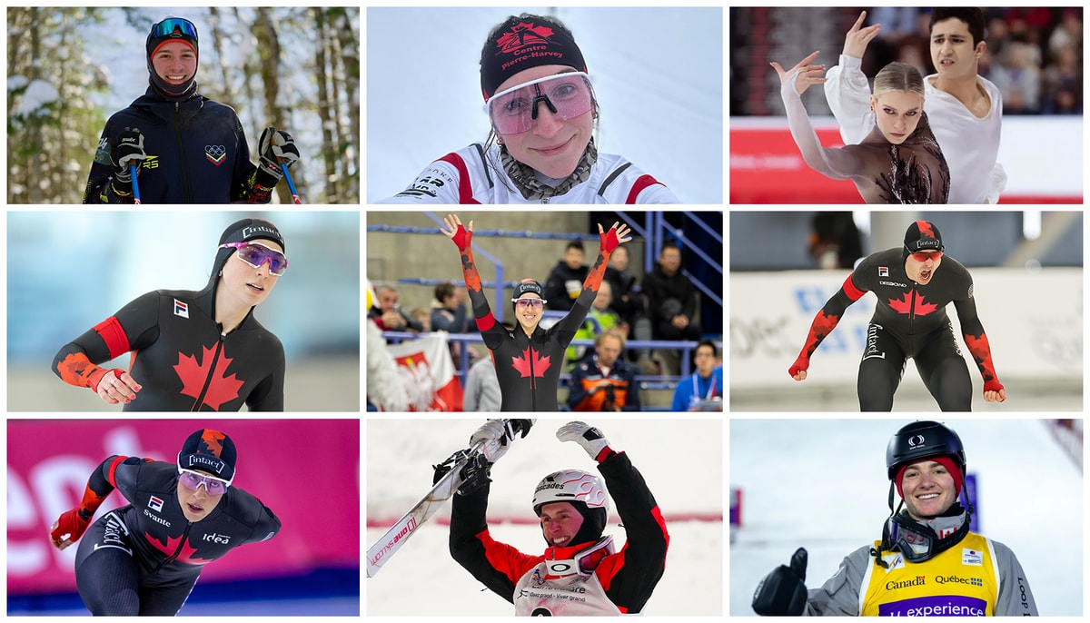 De haut en bas, de gauche à droite: Nicolas Claveau Laviolette (ski de fond), Liliane Gagnon (ski de fond) et Marjorie Lajoie (patinage artistique); Rose Laliberté-Roy (patinage de vitesse longue piste), Béatrice Lamarche (patinage de vitesse longue piste) et David La Rue (patinage de vitesse longue piste); Valérie Maltais (patinage de vitesse longue piste), Elliot Vaillancourt (ski acrobatique) et Julien Viel (ski acrobatique).