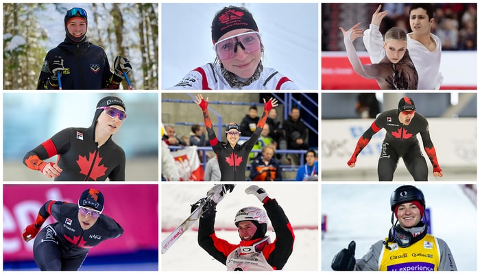 De haut en bas, de gauche à droite: Nicolas Claveau Laviolette (ski de fond), Liliane Gagnon (ski de fond) et Marjorie Lajoie (patinage artistique); Rose Laliberté-Roy (patinage de vitesse longue piste), Béatrice Lamarche (patinage de vitesse longue piste) et David La Rue (patinage de vitesse longue piste); Valérie Maltais (patinage de vitesse longue piste), Elliot Vaillancourt (ski acrobatique) et Julien Viel (ski acrobatique).