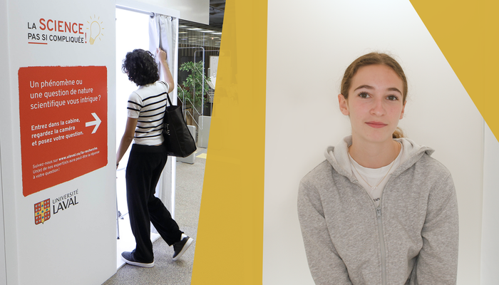 La cabine vidéo de La science, pas si compliquée! (à gauche) et Constance, qui a posé la question sur l'origine des lèvres bleues par temps froid.