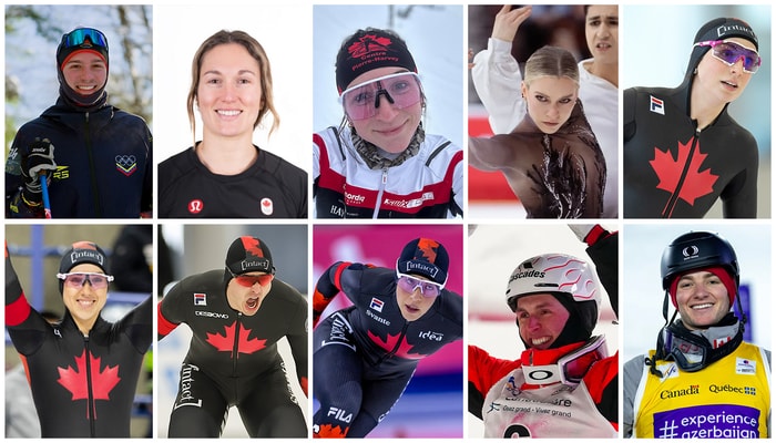 De haut en bas, de gauche à droite: Nicolas Claveau Laviolette (ski de fond), Laurianne Desmarais-Gilbert (ski acrobatique), Liliane Gagnon (ski de fond) et Marjorie Lajoie (patinage artistique); Rose Laliberté-Roy (patinage de vitesse longue piste), Béatrice Lamarche (patinage de vitesse longue piste) et David La Rue (patinage de vitesse longue piste); Valérie Maltais (patinage de vitesse longue piste), Elliot Vaillancourt (ski acrobatique) et Julien Viel (ski acrobatique).