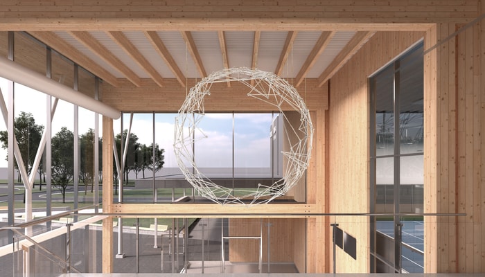 En se déplaçant à l'espace du café, les visiteuses et visiteurs ainsi que les joueuses et joueurs de tennis verront la constellation se transformer jusqu'à avoir la forme d'une sphère ronde, une boule, une balle, une planète.
