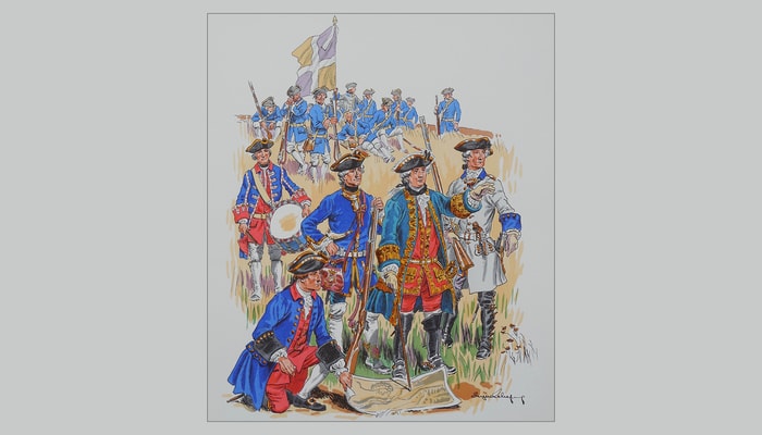 Montcalm et des soldats du régiment du Languedoc, à Fort Carillon, en juillet 1758. Illustration d'Eugène Leliepvre.