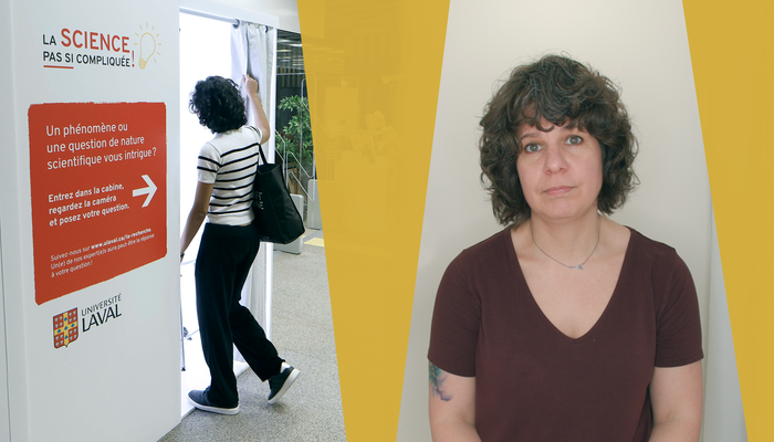La cabine vidéo de La science, pas si compliquée! (à gauche) et Hélène, qui a posé la question sur la crise du logement.
