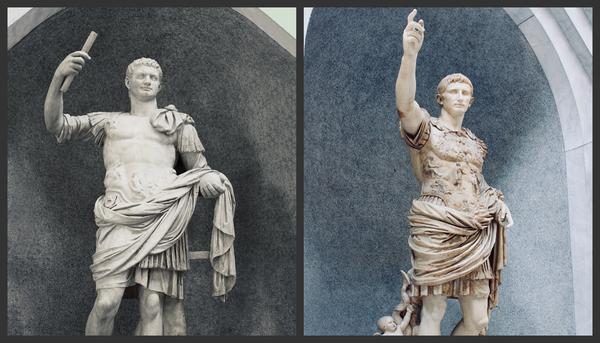 Montage des statues des empereurs Domitien, mort en 96 apr. J.-C., et Auguste, mort en 14 de notre ère. Les programmes politiques, économiques et culturels du premier ont favorisé l'avènement d'une époque florissante pour l'Empire romain. Avec le règne d'Auguste a débuté pour Rome une période de stabilité, traditionnellement connue sous le nom de Pax Romana.