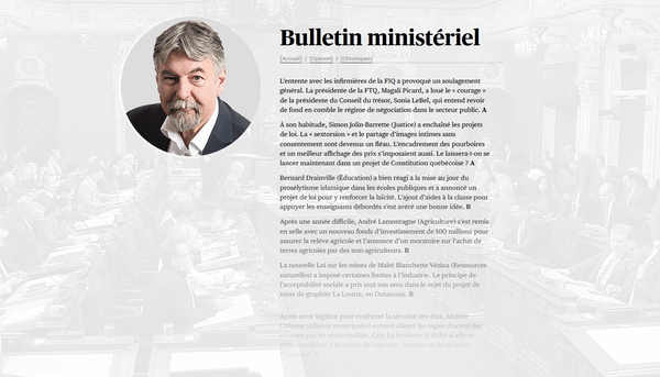 Le Devoir, 7 décembre 2024. Dans son Bulletin ministériel, le chroniqueur Michel David accorde un A à la présidente du Conseil du trésor, Sonia Lebel, pour la qualité de son travail durant la session d'automne.
