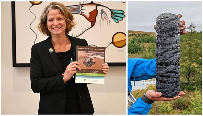 À gauche, la professeure Pascale Roy-Léveillée lors du lancement du glossaire au congrès GéoManitoba 2025 et, à droite, une carotte de pergélisol prélevée à Kangiqsualujjuaq au Nunavik