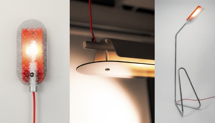 Latence, une gamme de luminaires aux formes simples mettant en évidence les assemblages, conçue par Thomas Desautels, Ndéki Garant-Doumambila et Victor Guégan. Les abat-jours sont réalisés à partir de tuyaux de polymère plastique, coupés et perforés pour favoriser la dissipation de chaleur. Les structures en acier galvanisé sont découpées ou cintrées selon les besoins. Les diffuseurs en verre, aux textures variables, produisent une lumière douce. Chaque luminaire est assemblé à l'aide d'une seule vis, assurant simplicité et cohérence constructive.