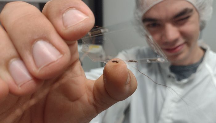 L'étudiant en physique William Boissonneault et le dispositif optoélectrique conçu à l'Université Laval.