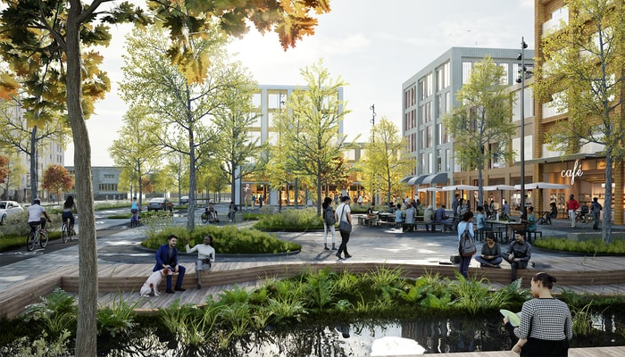 Perspective visuelle d'un quartier dynamique à l'échelle humaine