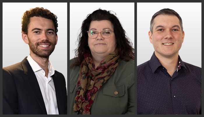 Les trois membres de l'Université Laval qui ont remporté le Prix d'excellence des professionnels et professionnelles de recherche en 2025 (de gauche à droite) : Tom Ignacchiti, Manon Le Bel et Erik Bélanger.