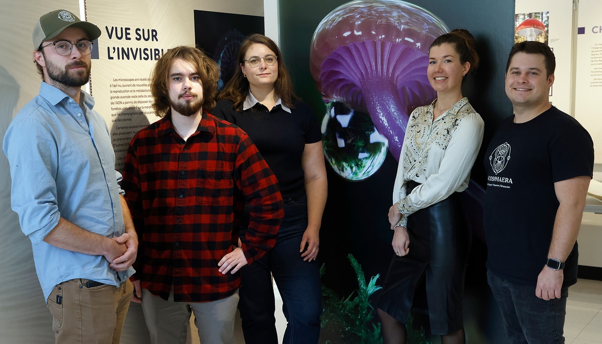 Aperçu de l'exposition La révolution des fonges avec, à gauche, Mathias-Rocheleau Duplain, cofondateur et directeur général de Mycosphaera, qui sera à la COP17, suivi d'une partie des membres de l'organisme issus de l'Université Laval: Keith Wauthy, étudiant au baccalauréat en bio-informatique, Pauline Hessenauer, professeure au Département des sciences du bois et de la forêt, Lucile Berthelot, cofondatrice et doctorante en ethnologie et patrimoine, et David Fortier, cofondateur et doctorant en chimie.