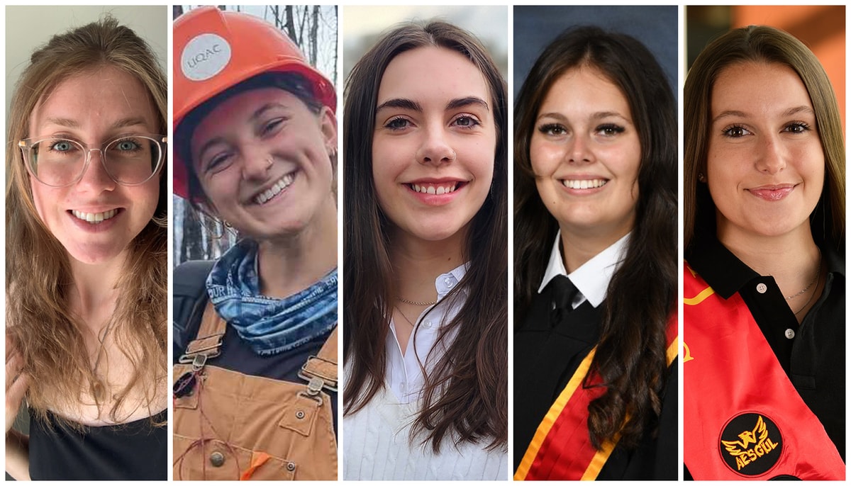 De gauche à droite: Leïla Béland St-Germain, Charlotte Boulay, Iza-Eve Chénard, Marilou Cotton-Chouinard et Raphaëlle Mallet, toutes lauréates de la version universitaire Excelle Science du concours Chapeau les filles!