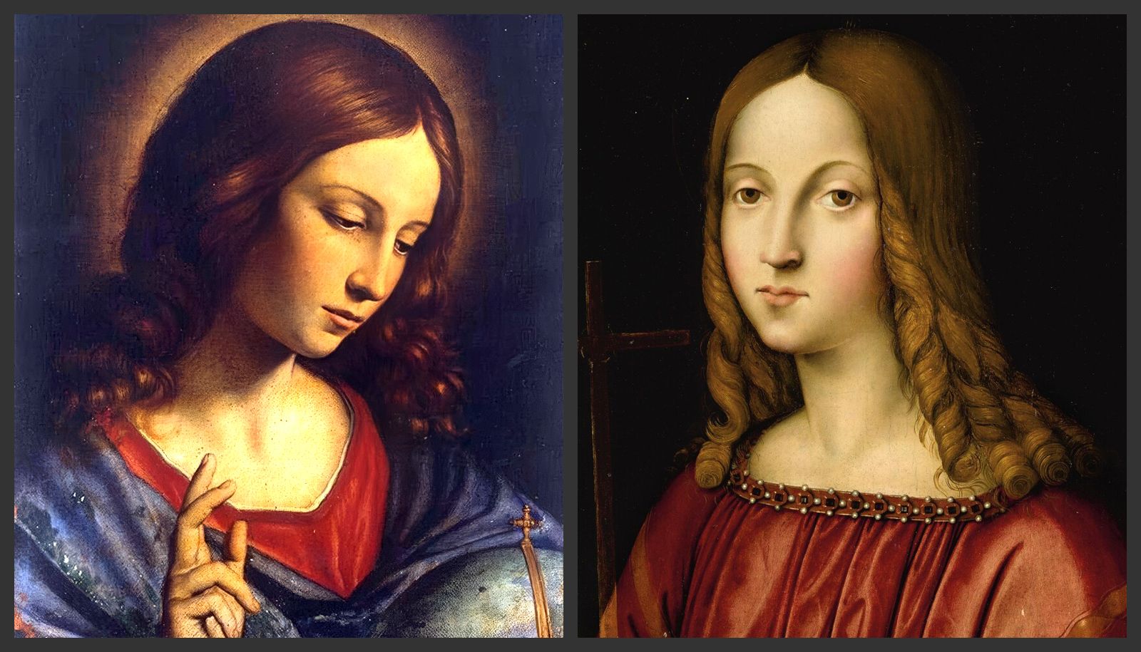 Un regard queer permet d'explorer l'instabilité de la représentation du genre de Jésus dans l'histoire de l'art. Le tableau Salvator Mundi de Giovanni Battista Salvi da Sassoferrato réalisé au 17e siècle (à gauche) et le tableau Salvator Mundi du Maître de San Vincenzo peint dans la première moitié du 16e siècle (à droite) présentent tous deux le Christ avec des traits plus féminins.