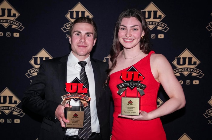 La nageuse Raphaëlle Tremblay et le coureur Philippe Morneau-Cartier ont été couronnés étudiants-athlètes de l’année lors du 75e Gala Rouge et Or présenté par la Banque Scotia, tenu le 29 avril au PEPS.