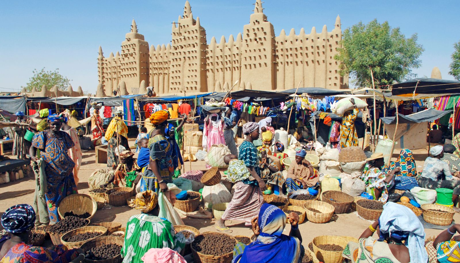 Dans ce marché de la ville de Djenné, au Mali, se croisent différentes ethnies: Sonrhaï, Peuls, Bambaras, Sarakolés, Bozos, Dogons et Mossi. On peut ainsi y entendre plusieurs langues locales. Au Mali, le français se développe dans un contexte de plurilinguisme, mais son expansion n'est pas freinée pour autant, car il demeure la principale langue du travail, de l'administration et de l'éducation.