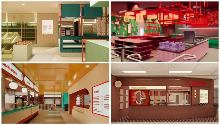 Les maquettes de quatre concepts thématiques du Cosmos: en haut à gauche, le marché fraîcheur au pavillon Charles-De Koninck; en haut à droite, la cuisine de rue asiatique au pavillon Ferdinand-Vandry; en bas à gauche, le casse-croûte au pavillon Alexandre-Vachon; en bas à droite, le comptoir italien au pavillon Palasis-Prince.