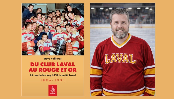 À gauche, la couverture du livre montre le Rouge et Or champion de la coupe Queen’s, en février 1960. À droite, l'auteur Steve Vallières