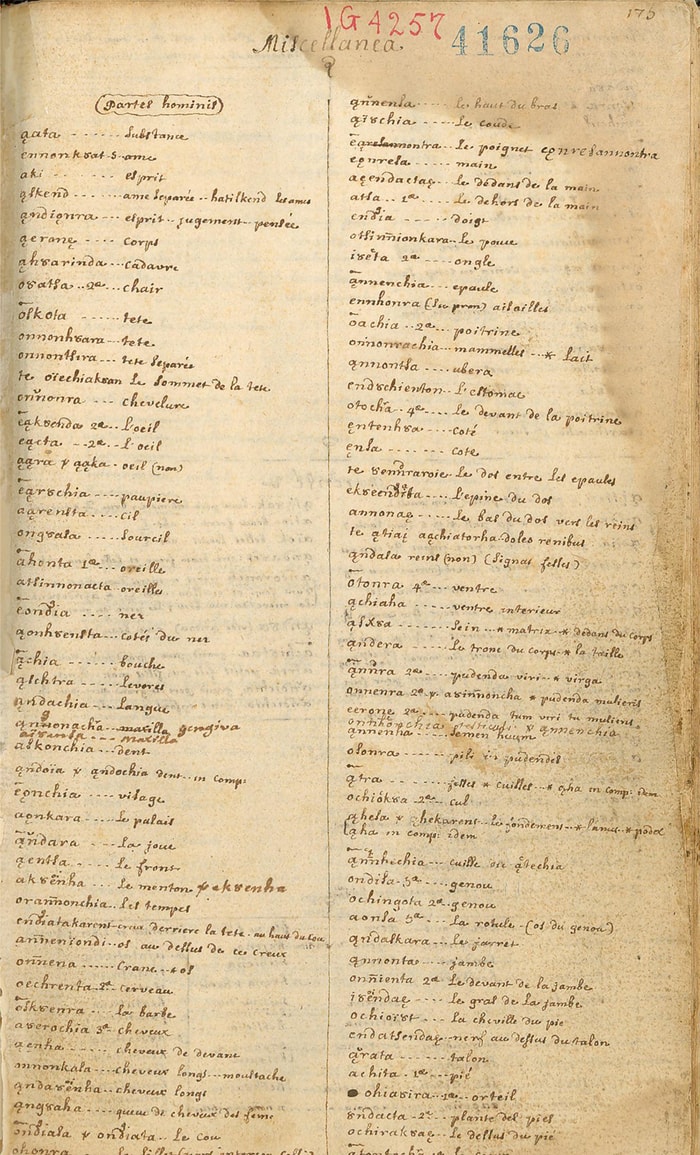 Extrait de l'ouvrage Vocabulaire huron-français du père Potier