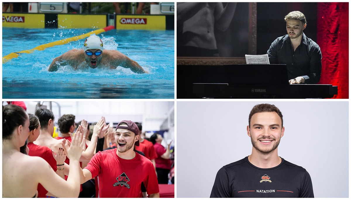 Vincent Lavoie-Rancourt lors de l'épreuve du 50 m papillon aux Championnats québécois de 2023, une compétition durant laquelle il a également remporté le titre de champion québécois au 50 m brasse; l'étudiant interprète au piano Nuvole Bianche, de Ludovico Einaudi, lors du Gala Rouge et Or en mai dernier; un moment de célébration avec ses coéquipiers à la fin des Championnats provinciaux universitaires du Réseau du sport étudiant du Québec 2024; l'athlète de haut niveau est également capitaine de l'équipe de natation Rouge et Or.