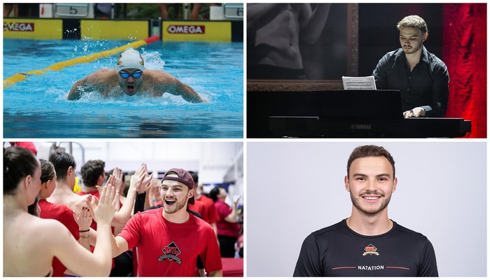 Vincent Lavoie-Rancourt lors de l'épreuve du 50 m papillon aux Championnats québécois de 2023, une compétition durant laquelle il a également remporté le titre de champion québécois au 50 m brasse; l'étudiant interprète au piano Nuvole Bianche, de Ludovico Einaudi, lors du Gala Rouge et Or en mai dernier; un moment de célébration avec ses coéquipiers à la fin des Championnats provinciaux universitaires du Réseau du sport étudiant du Québec 2024; l'athlète de haut niveau est également capitaine de l'équipe de natation Rouge et Or.